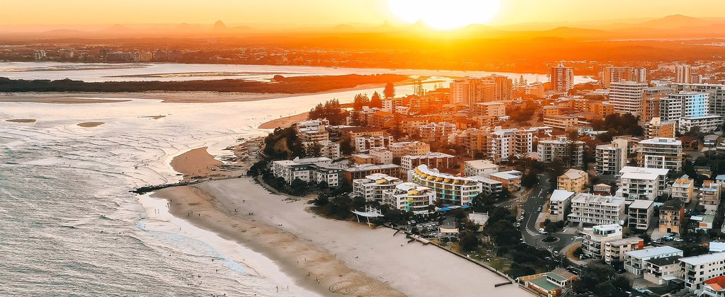 Beachfront Accommodation on Kings beach at Sunset.