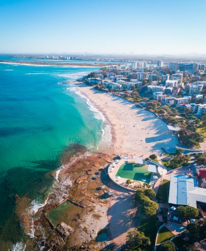 Aerial shot looking down on Kings Beach and Caloundra Surf Club