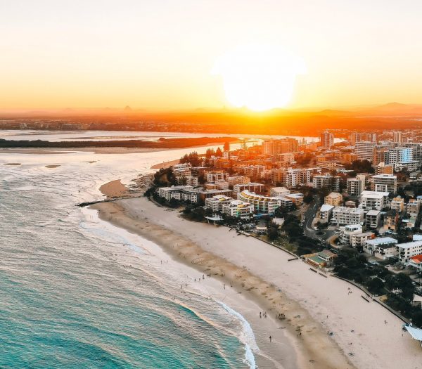 Aerial view of Kings Beach, Caloundra during sunset